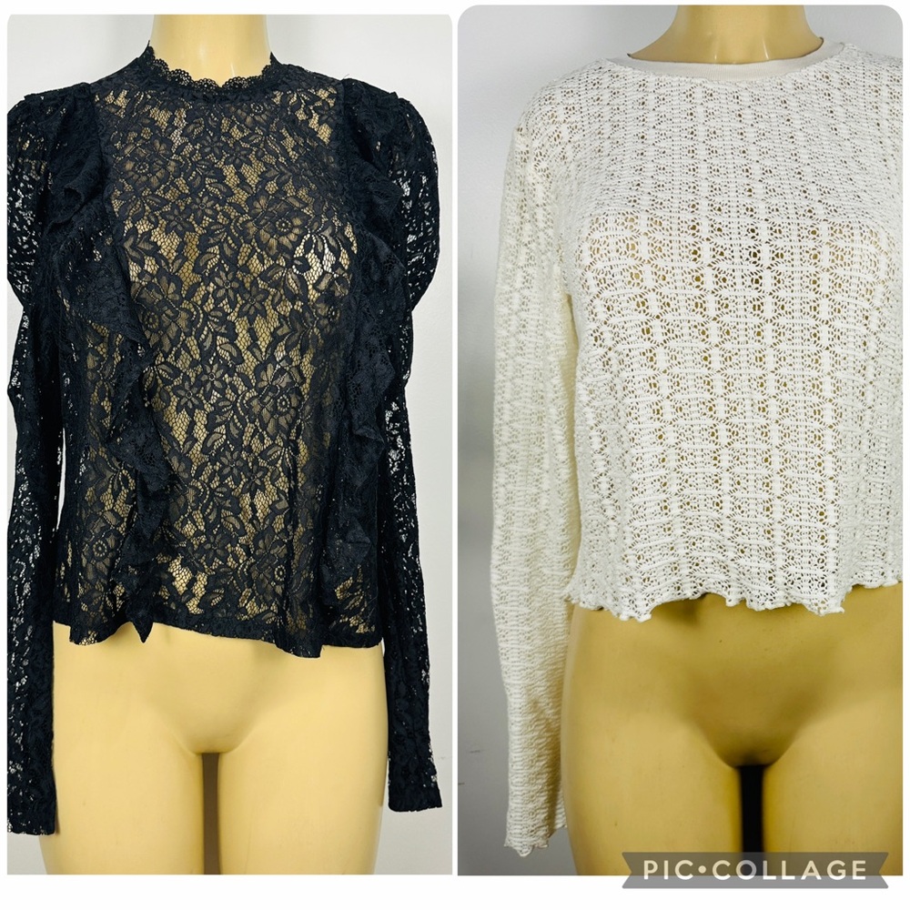 Set 2 Divided Shirts Sz M Black Lace Crochet Sweater Shirt H&M HM Top